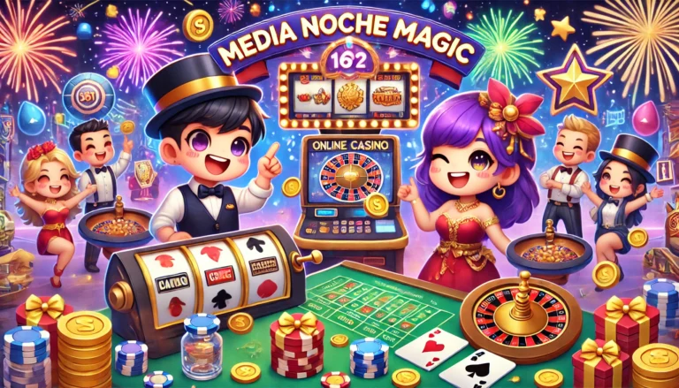 Imahe ng slot machine na tumama ng "BIG WIN" sa pagpatak ng Media Noche, nagpapakita ng round fruits (Swerte) at ang Agimat ng Kasaganaan.